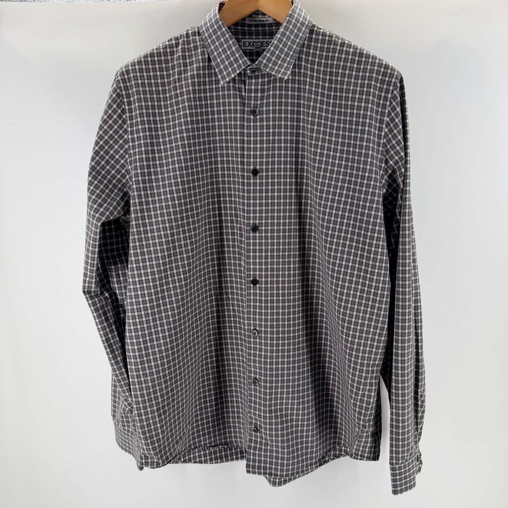 Express Extra Slim Fit Plaid Button Down Shirt Mens XXL Tall Grey Long Sleeve